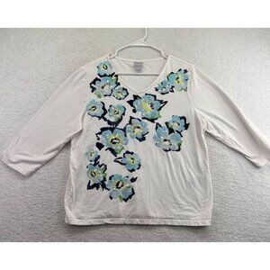 Chicos Womens Dolman Floral Sequin T Shirt Size Large V Neck Pullover 3/4 Sleeve